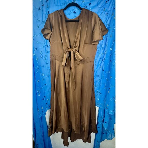 Miduo Women’s Satin V Neck Ruffle Short Sleeve Brown Tie Dress XXL - Picture 4 of 7